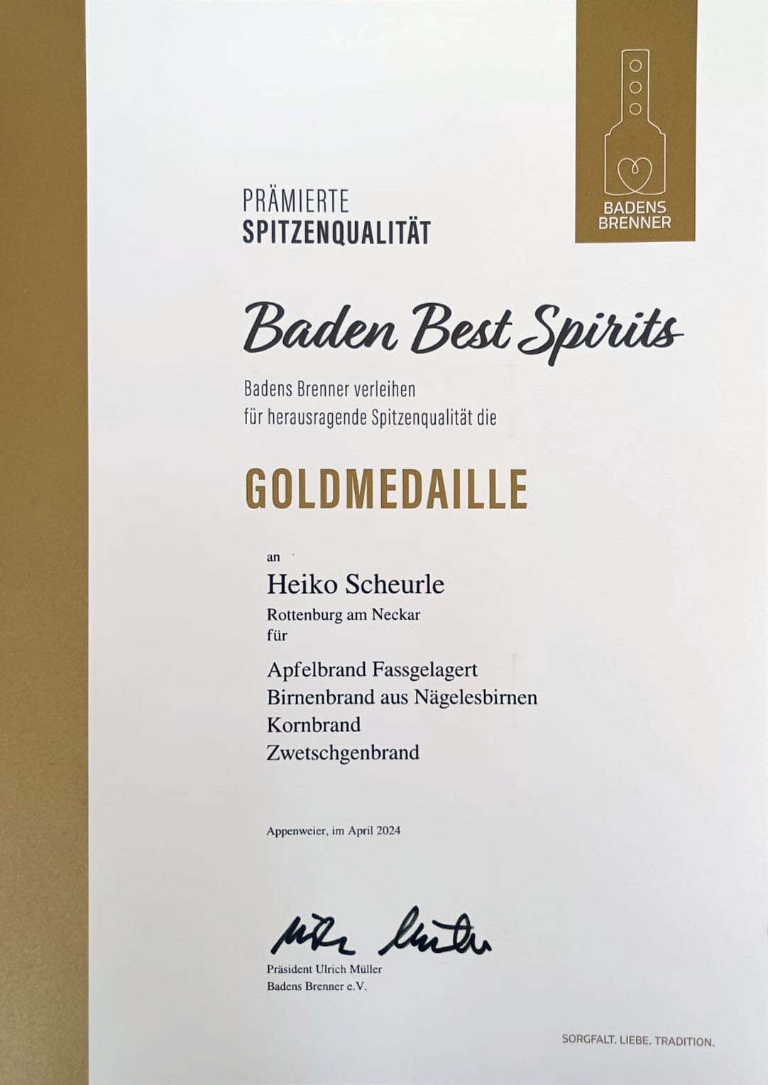 Urkunde Gold – Badens Brenner